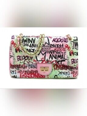 Large Graffiti Print Chain Shoulder Bag Pink Green White Crossbody Purse